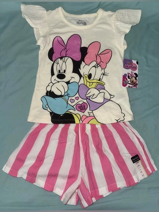 Disney Girls Minnie & Daisy Beige Top with Pink-and-White Striped Shorts - Picture 9 of 9